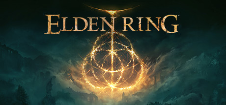 Elden Ring logo glowing above a dark, misty fantasy landscape.