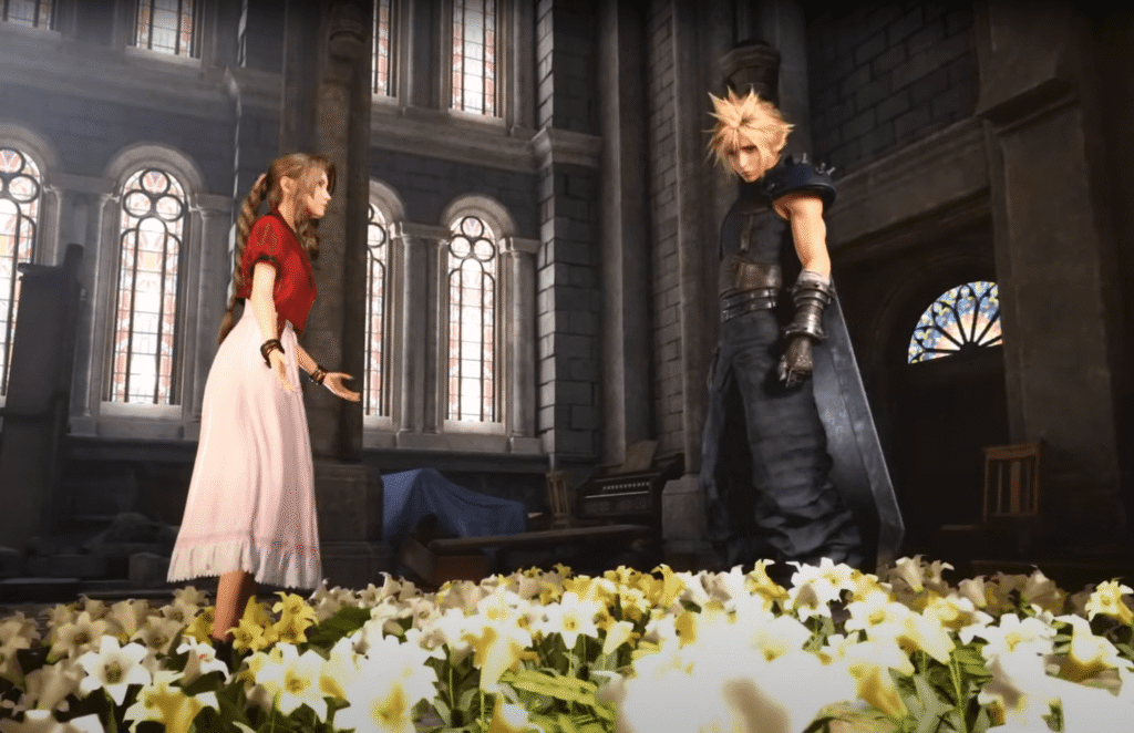 Cloud and Aerith standing in a flower-filled church with stained glass windows in Final Fantasy VII Remake