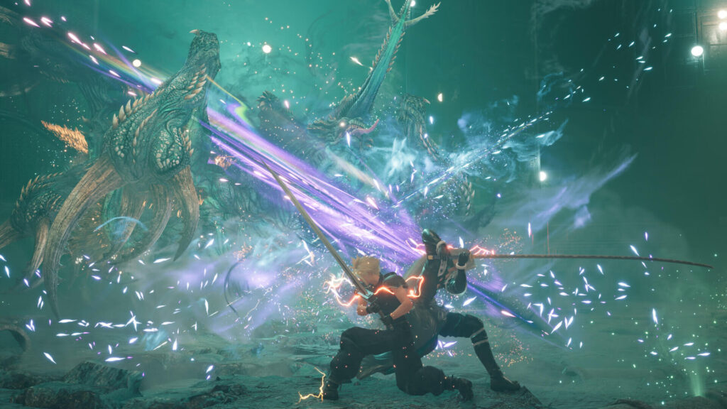 Cloud and Sephiroth performing a powerful duo attack against a massive dragon-like enemy in Final Fantasy VII Rebirth.