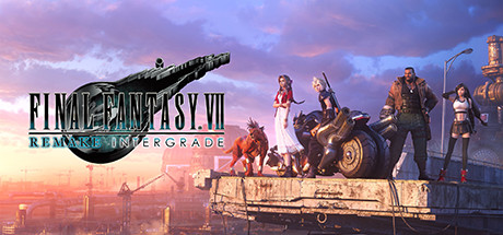 Promotional image of Final Fantasy VII Remake Intergrade featuring main characters standing on a rooftop overlooking Midgar at sunset